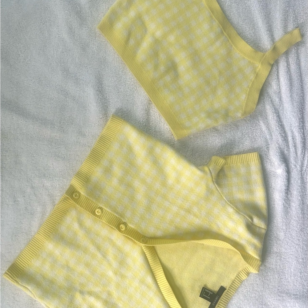 Yellow and Checkered Cropped Knit Top and Cardigan Set